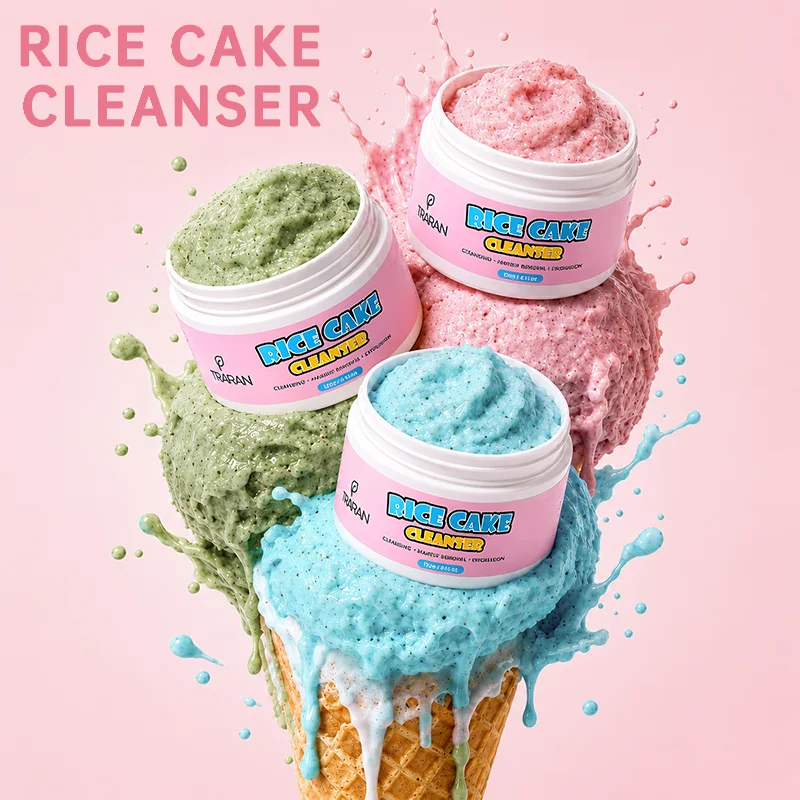 Three jars of rice cake cleanser in green, pink, and blue, styled atop a waffle cone resembling colorful ice cream scoops.